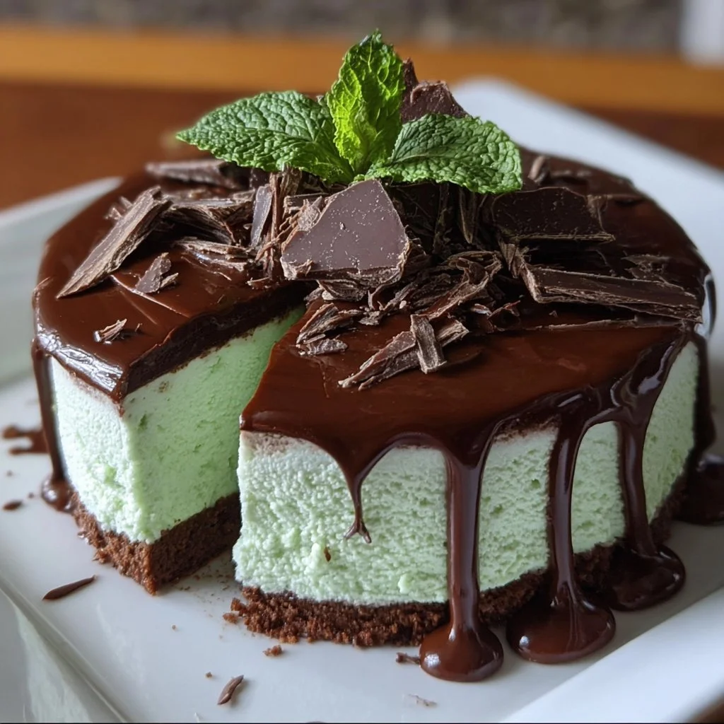 Mint Chocolate Cheesecake Cake with layers of chocolate and mint frosting