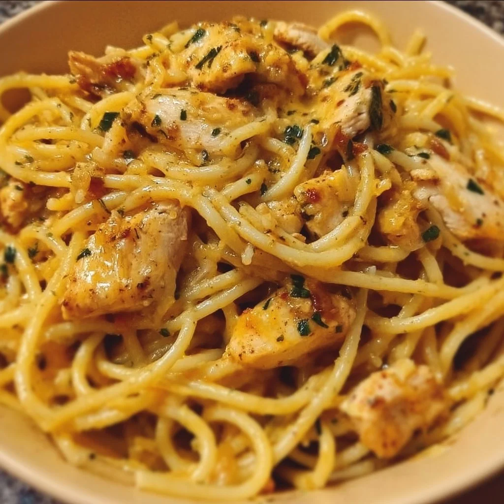 Delicious Monterey Chicken Spaghetti topped with herbs and cheese.