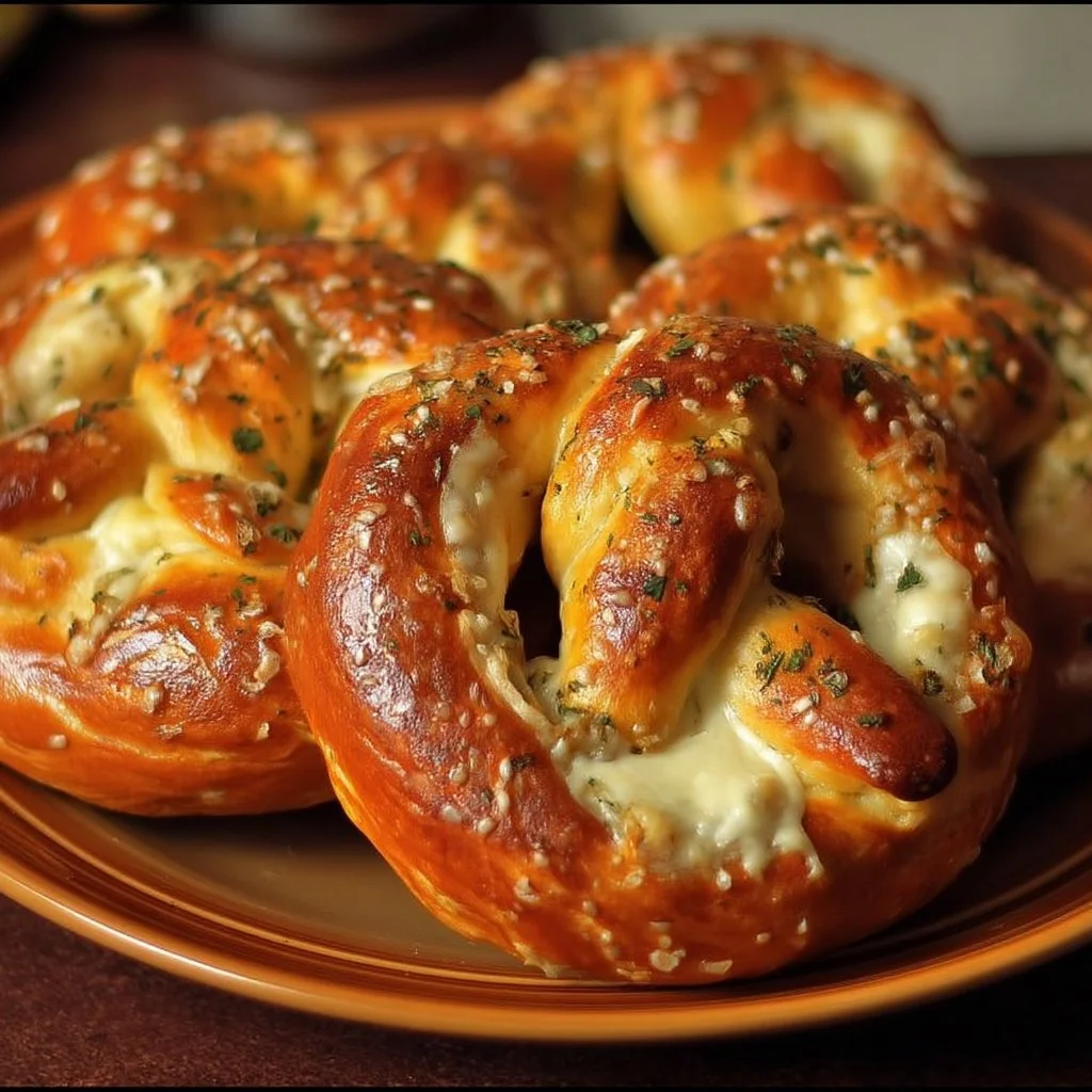 Freshly baked mozzarella stuffed soft pretzels with a golden brown exterior