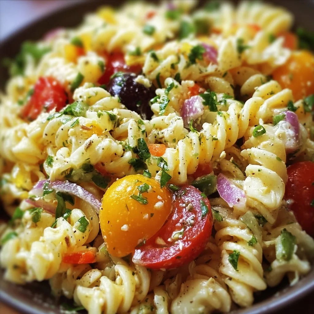 Colorful bowl of my most requested pasta salad with fresh ingredients