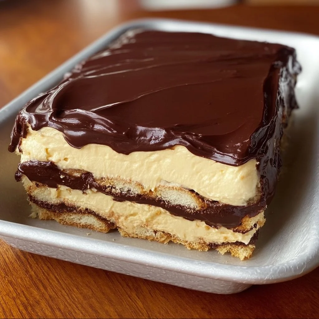 No-Bake Eclair Cake topped with chocolate ganache and whipped cream