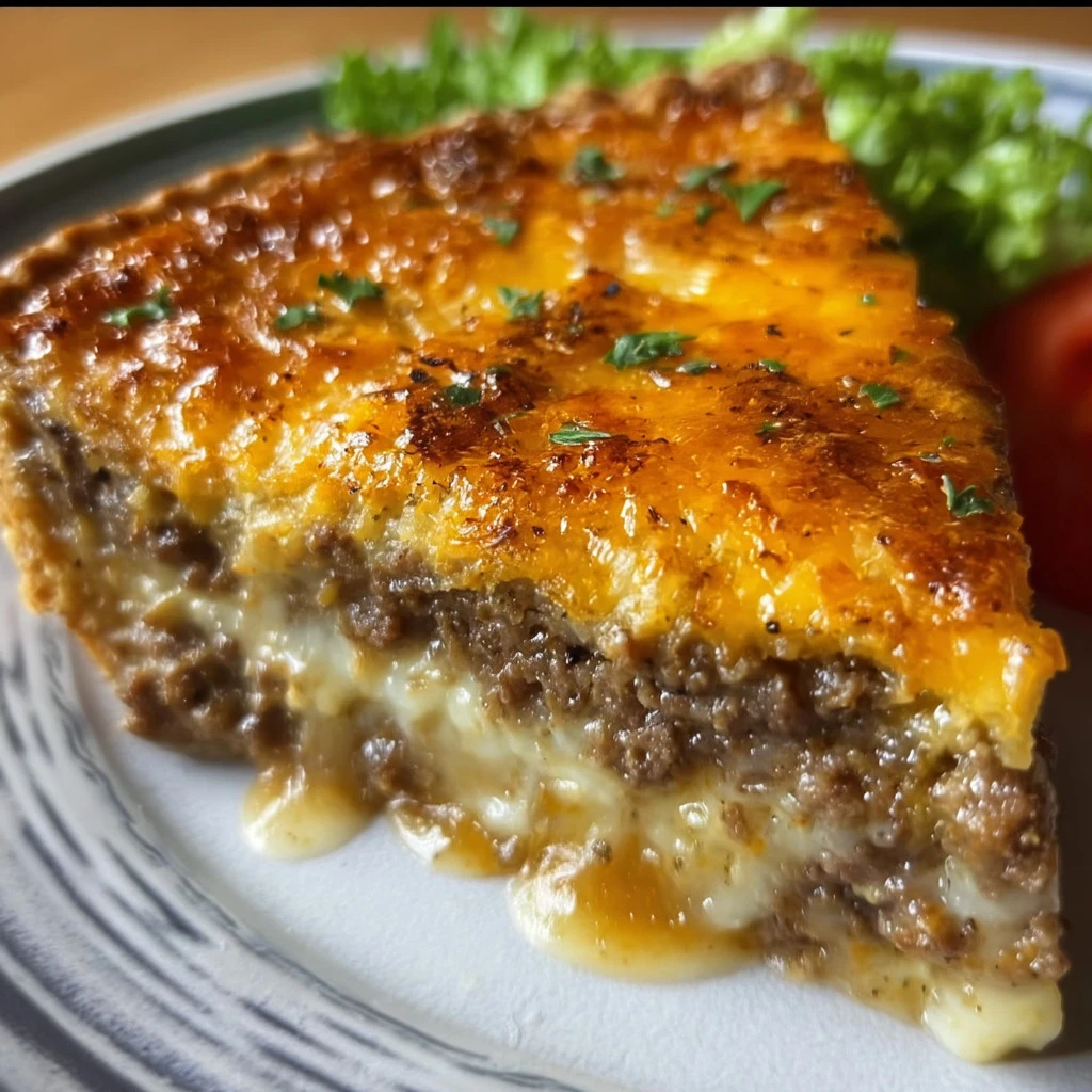 Delicious Not So Impossible Cheeseburger Pie fresh from the oven.