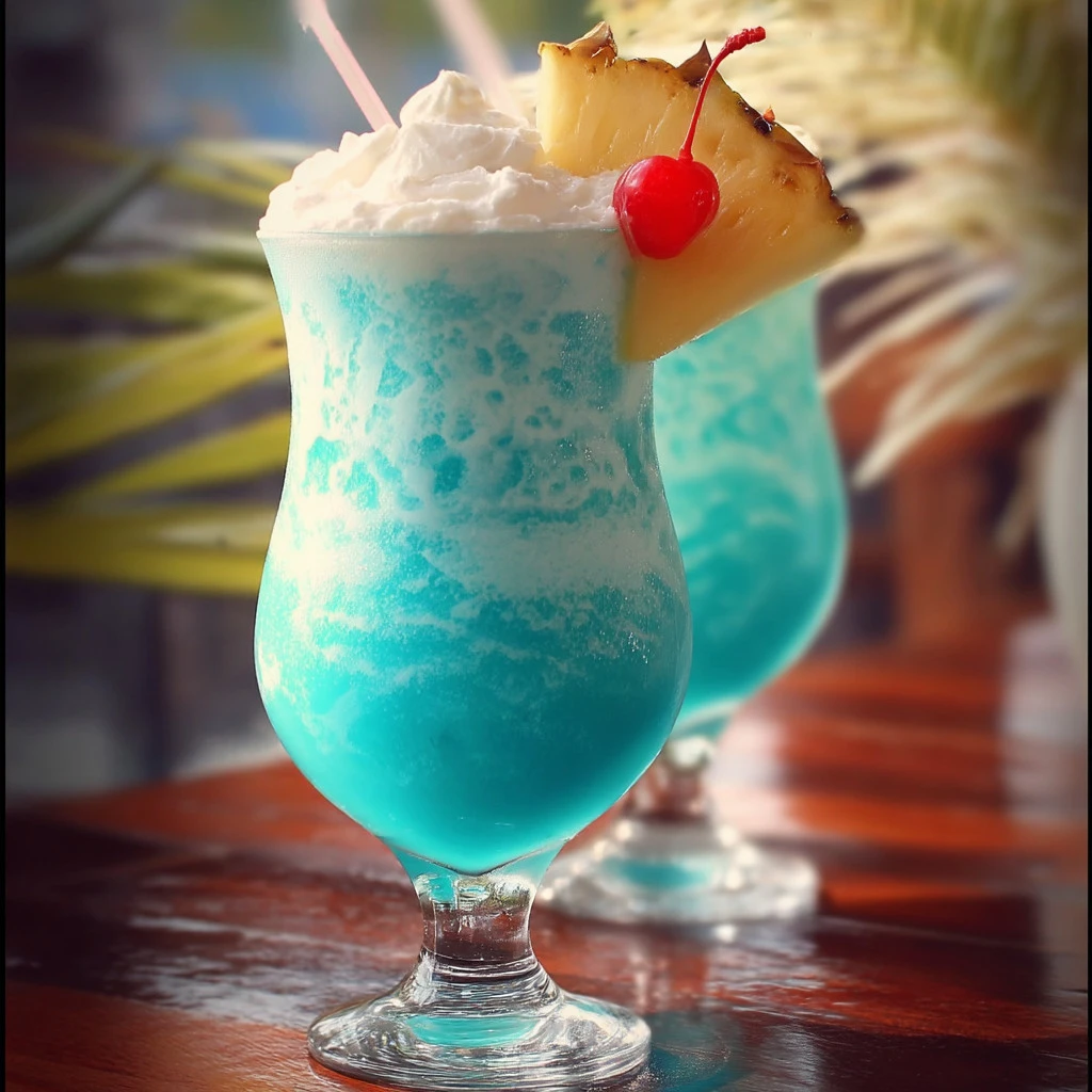Ocean Blue Piña Colada cocktail with tropical garnishes
