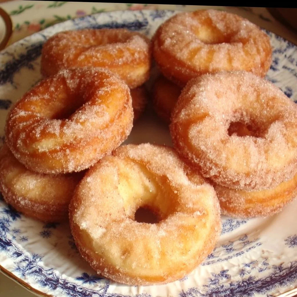 Delicious old fashioned cake donuts on a platter, drizzled with glaze.