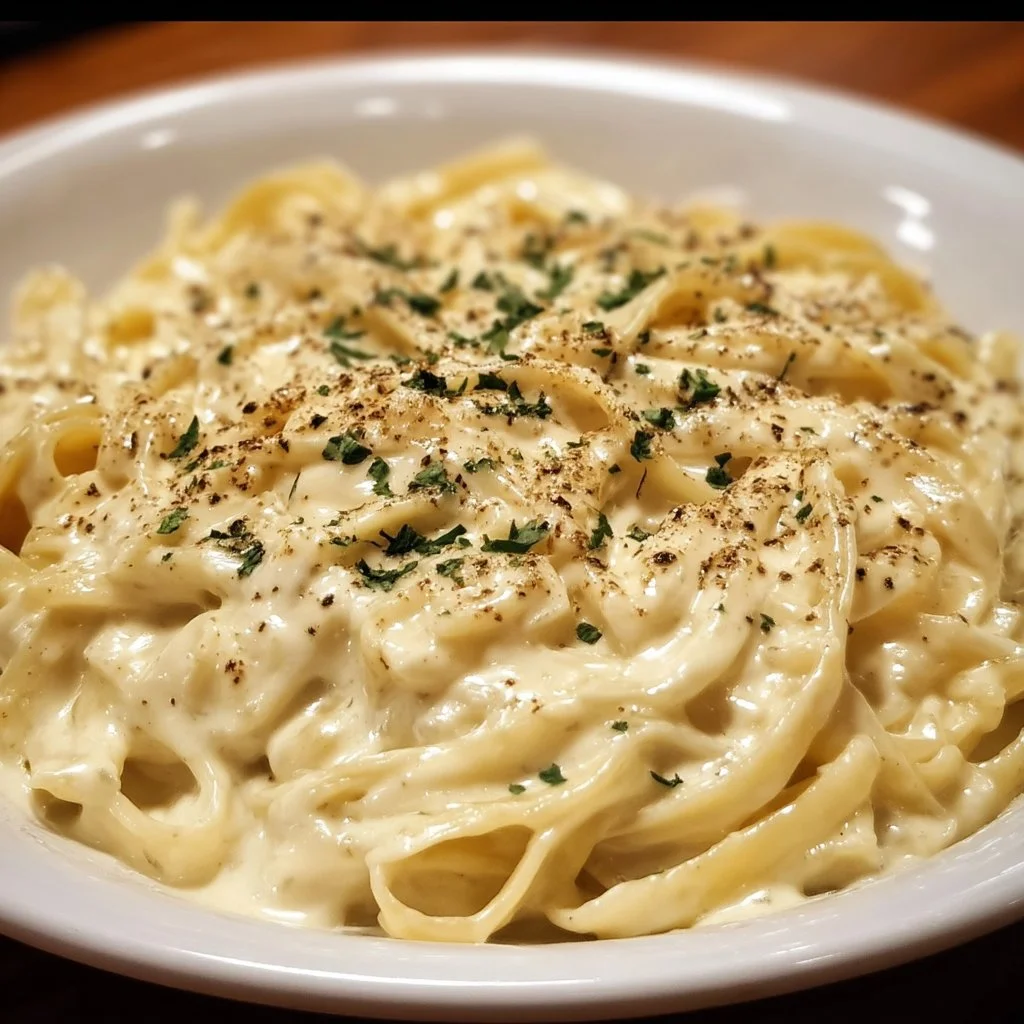 Creamy Olive Garden Alfredo pasta topped with parsley, ready to be enjoyed.
