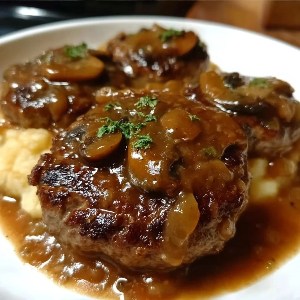 Delicious homemade Salisbury steaks served with rich gravy.