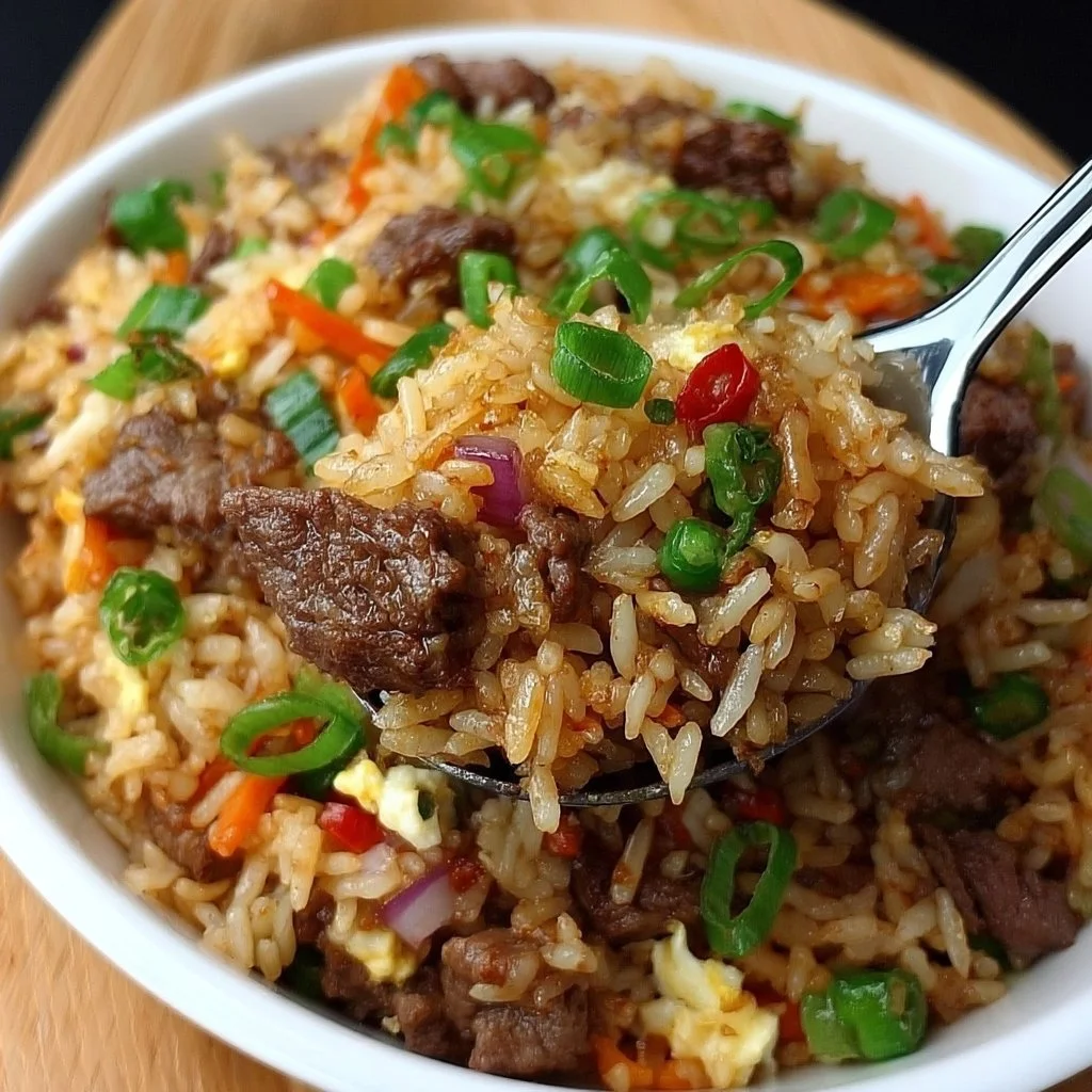 Delicious Onion Beef Fried Rice with tender beef and savory onions