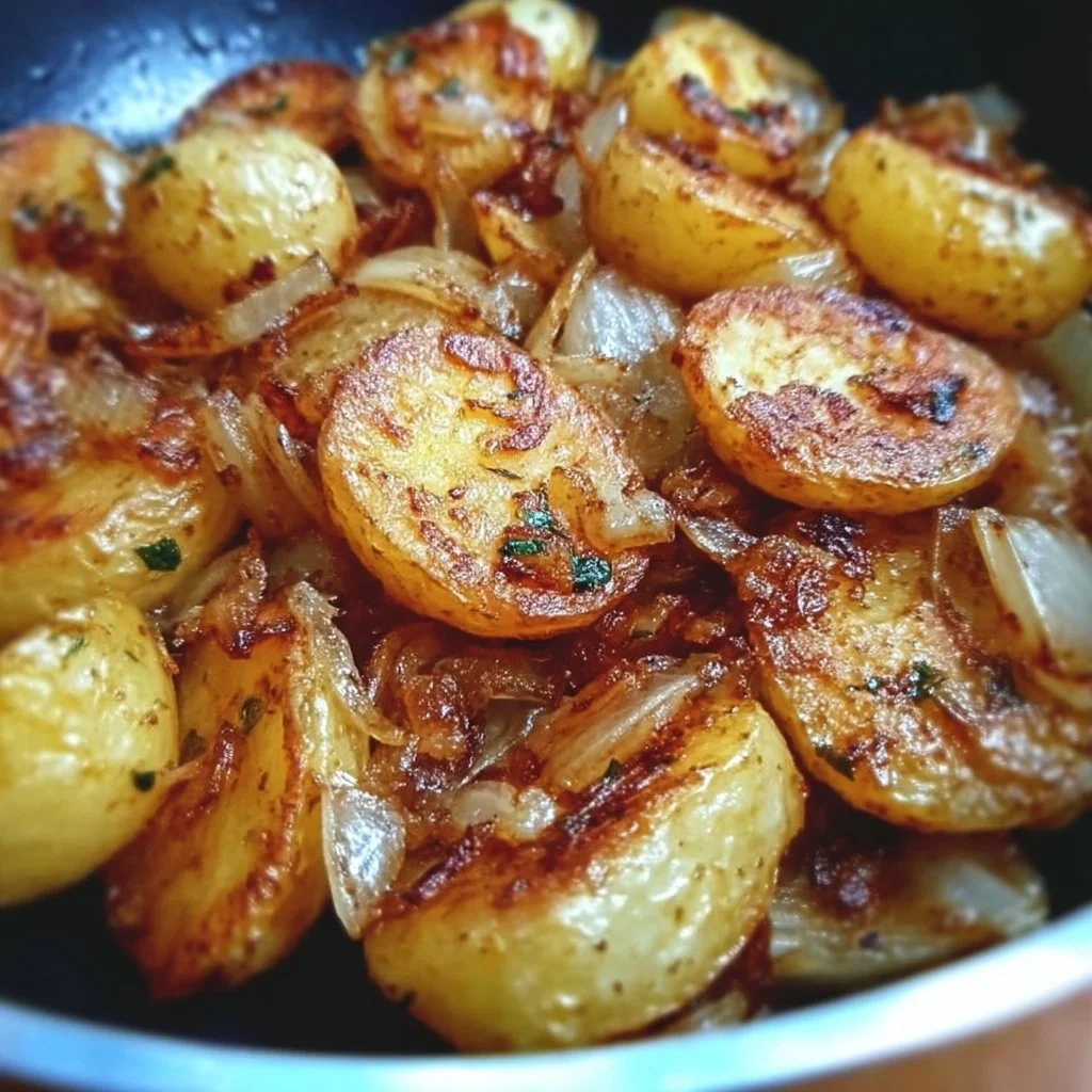 Oven fried potatoes and onions served in a bowl, delicious and crispy dish.