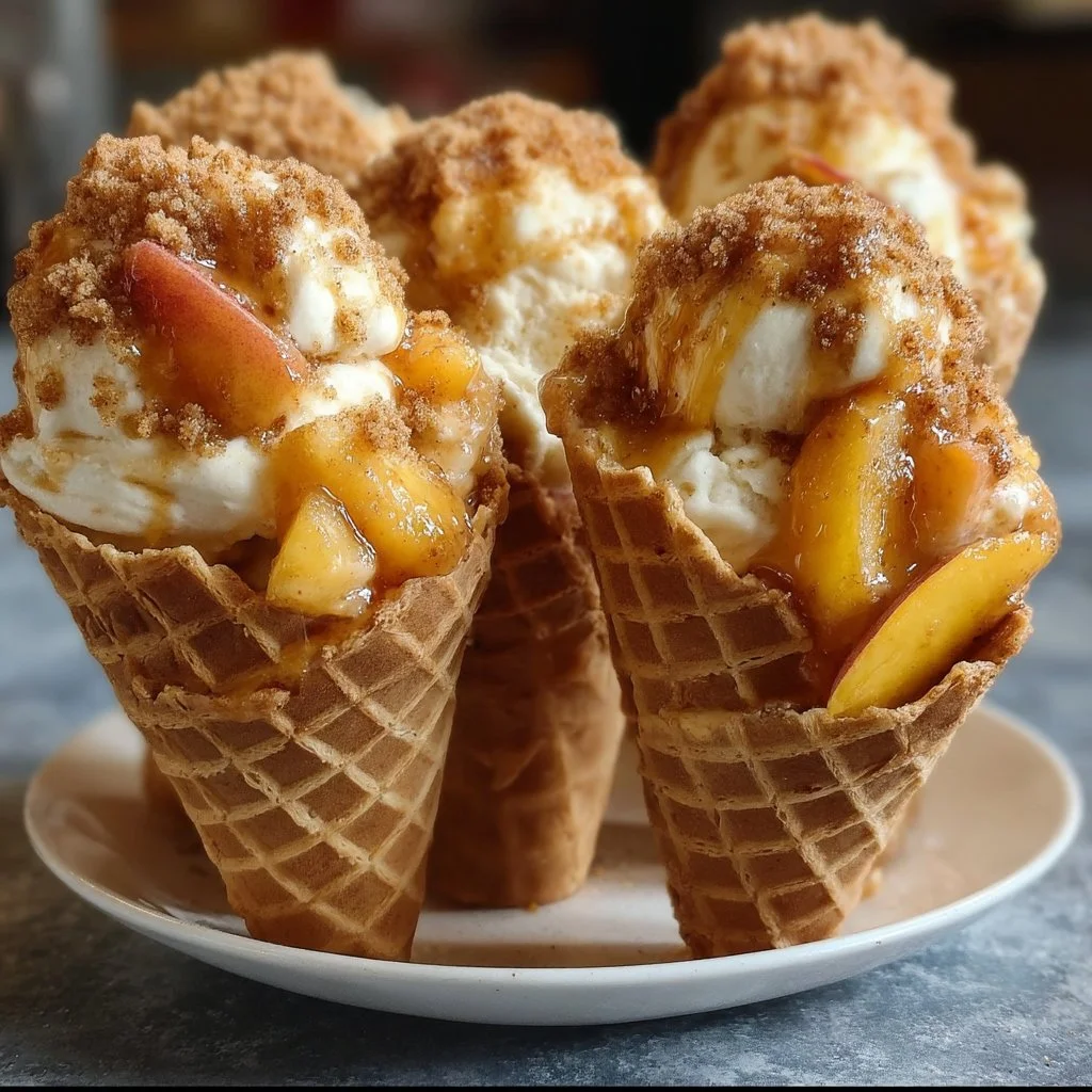 Peach cobbler cheesecake cones served with fresh peaches and cream.