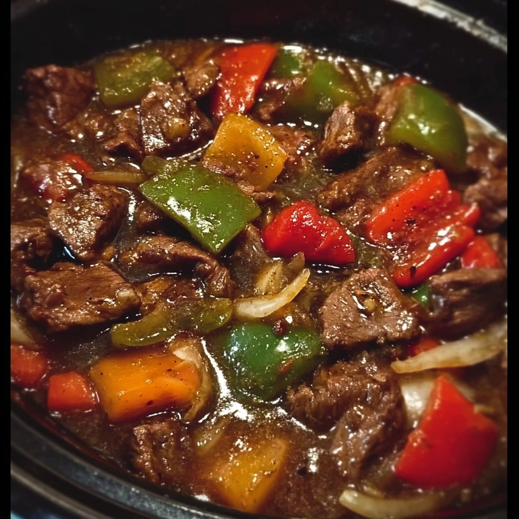 Crock pot pepper steak dish with colorful bell peppers and tender beef.