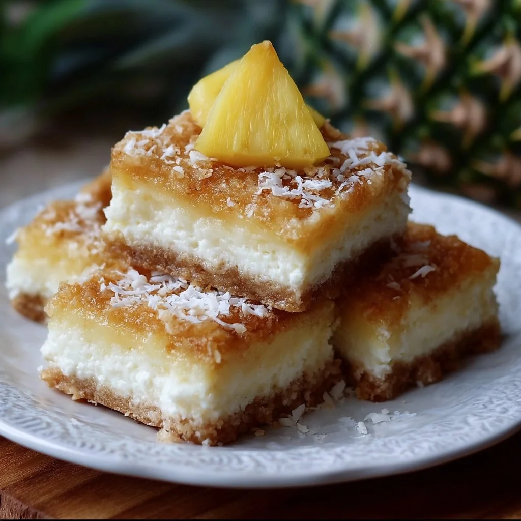 Pineapple coconut cheesecake bars on a white plate with fresh fruit