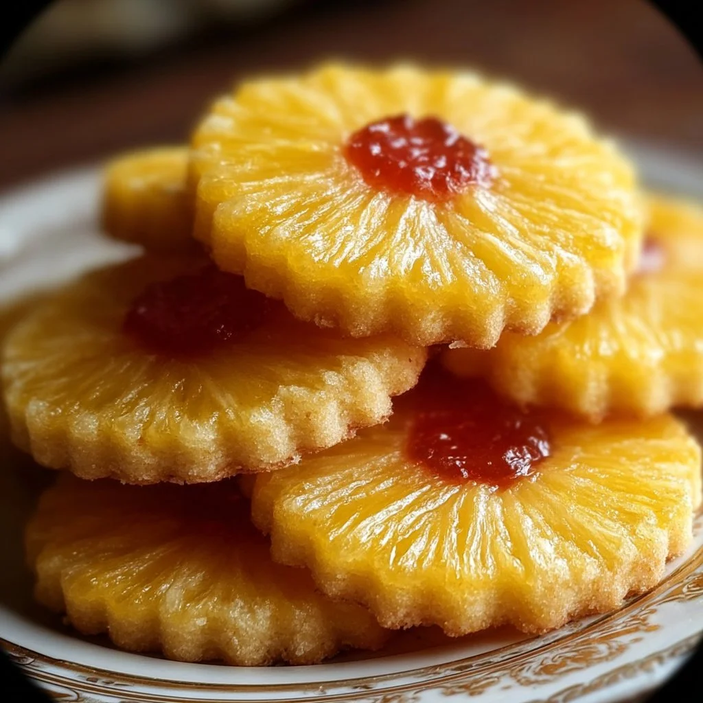 Pineapple Upside Sugar Cookies on a plate with tropical decorations