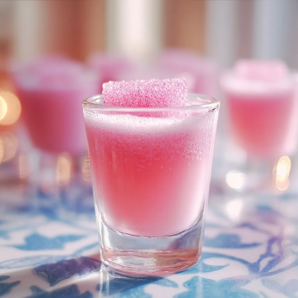Pink Starburst Shot drink in a vibrant pink color, garnished with fruit