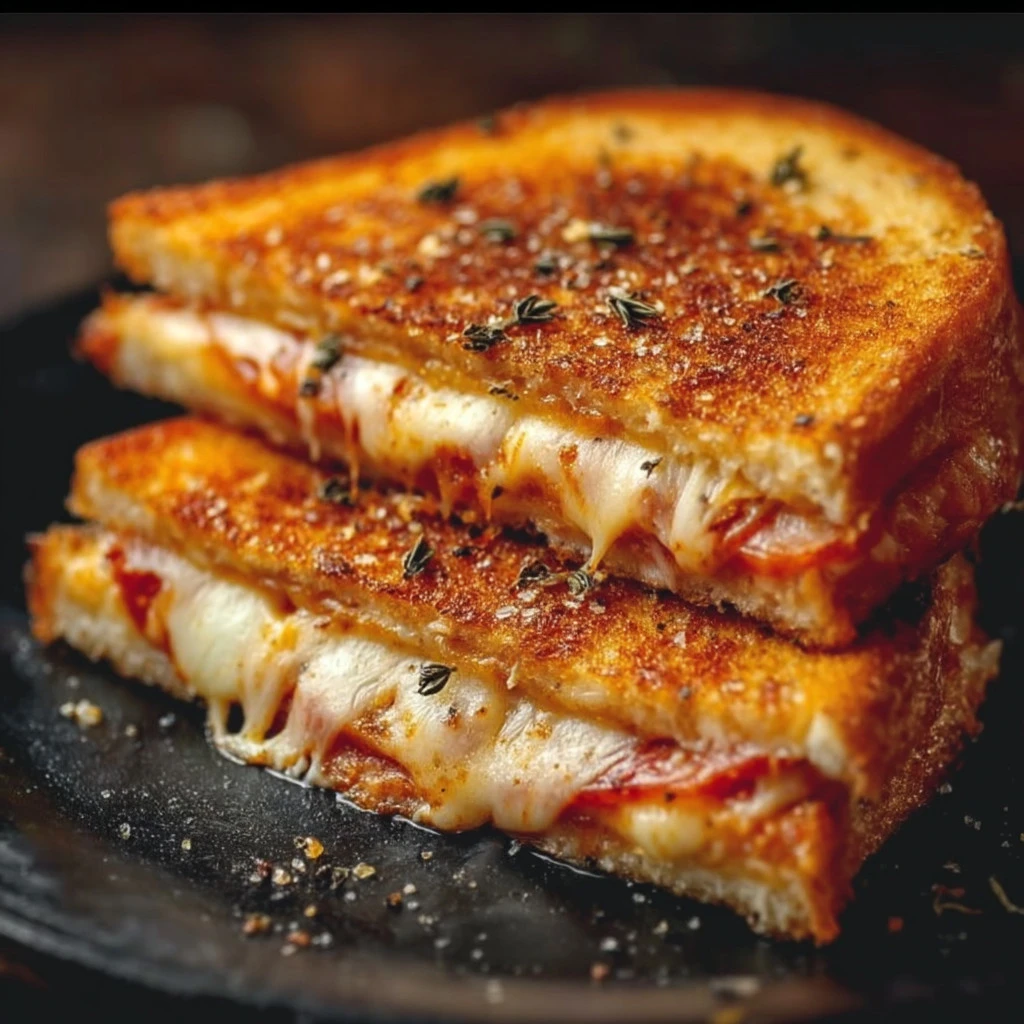 Delicious Pizza Grilled Cheese sandwich with melted cheese and pizza toppings