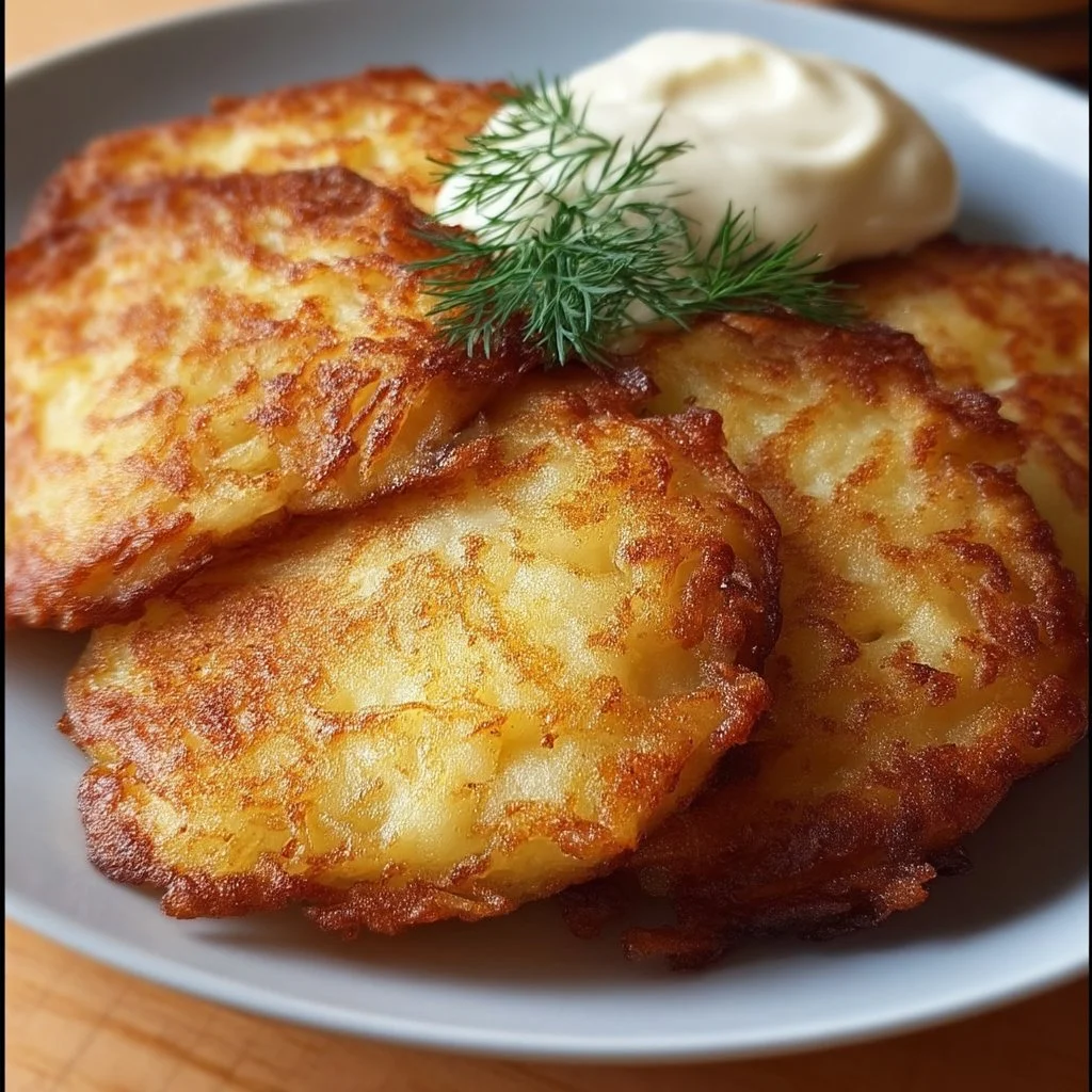 Deliciously crispy potato pancakes (latkes) served on a plate.