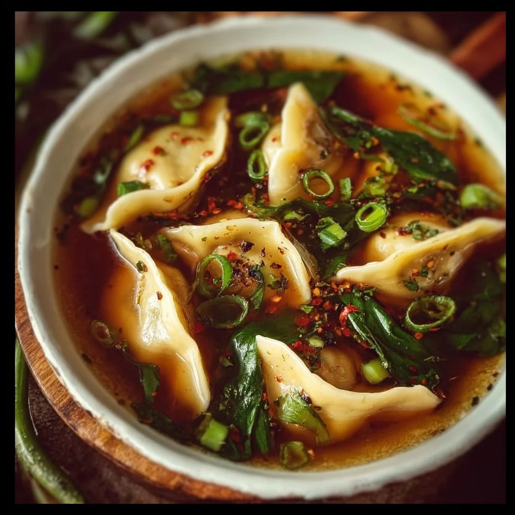 Bowl of homemade Potsticker Soup with dumplings and fresh vegetables