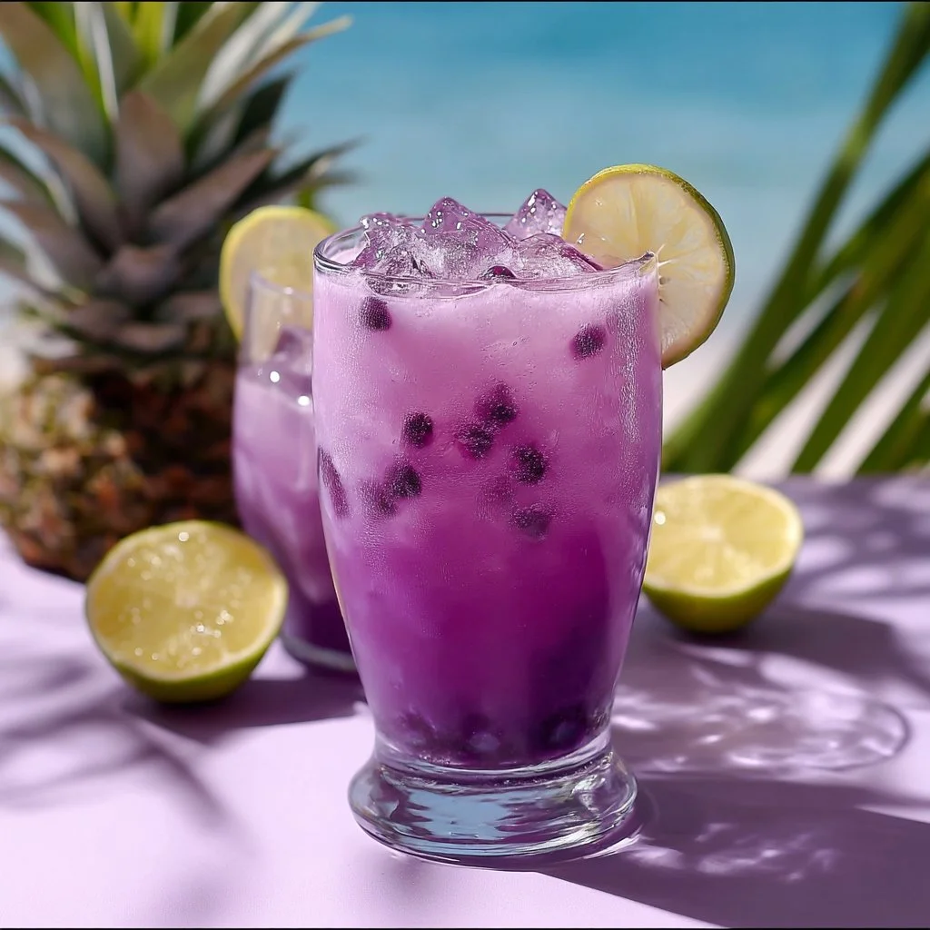 Purple Piña Cocktail with vibrant colors and tropical garnishes