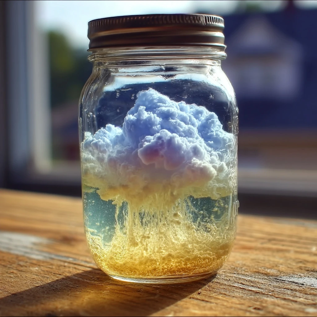 DIY rain cloud in a jar experiment showing water, shaving cream, and food coloring.