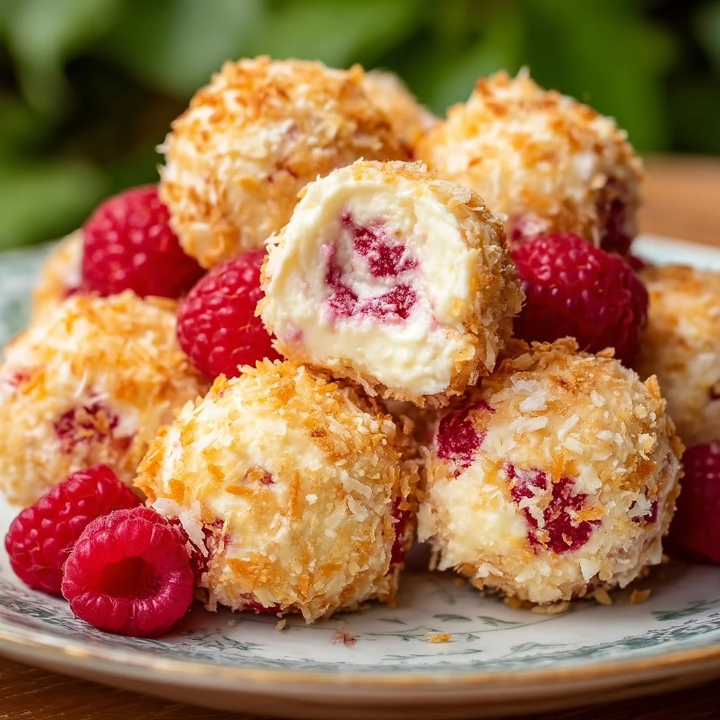 Delicious Raspberry Cream Cheese Bites on a plate garnished with fresh raspberries