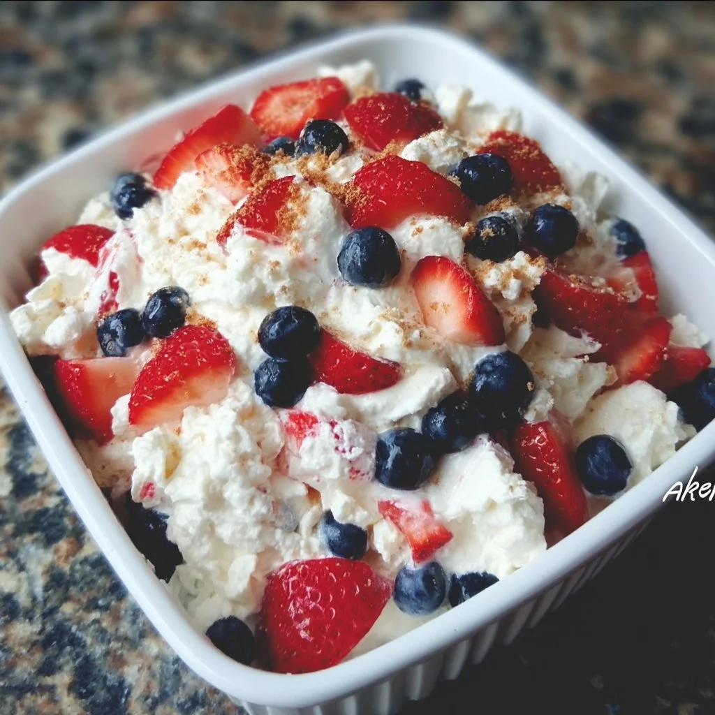 Delicious Red White & Blue Cheesecake Salad served in a bowl