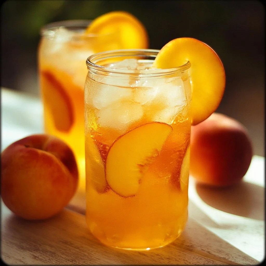 Glass of refreshing peach lemonade with fresh peaches and lemon slices