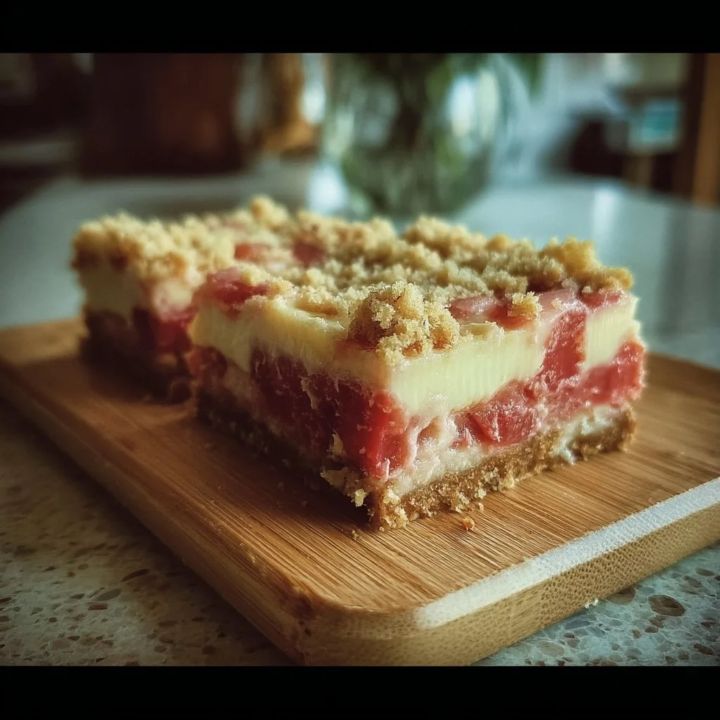 Delicious rhubarb cheesecake squares served on a plate