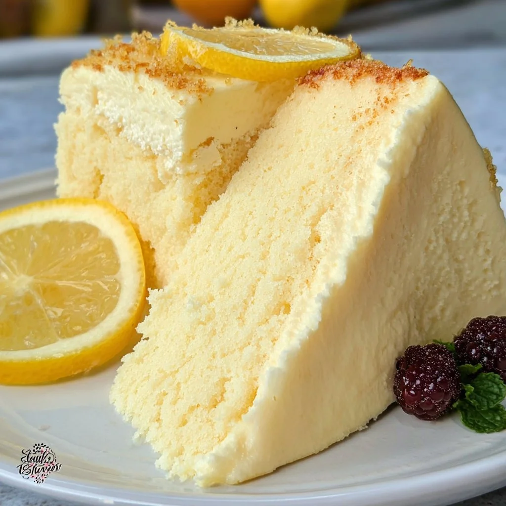 Slice of rich and moist lemon cheesecake cake on a plate