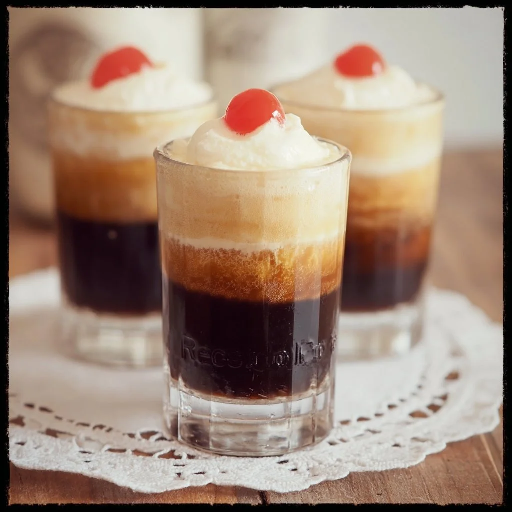 Root beer float shots served in small glasses with frosty root beer and ice cream