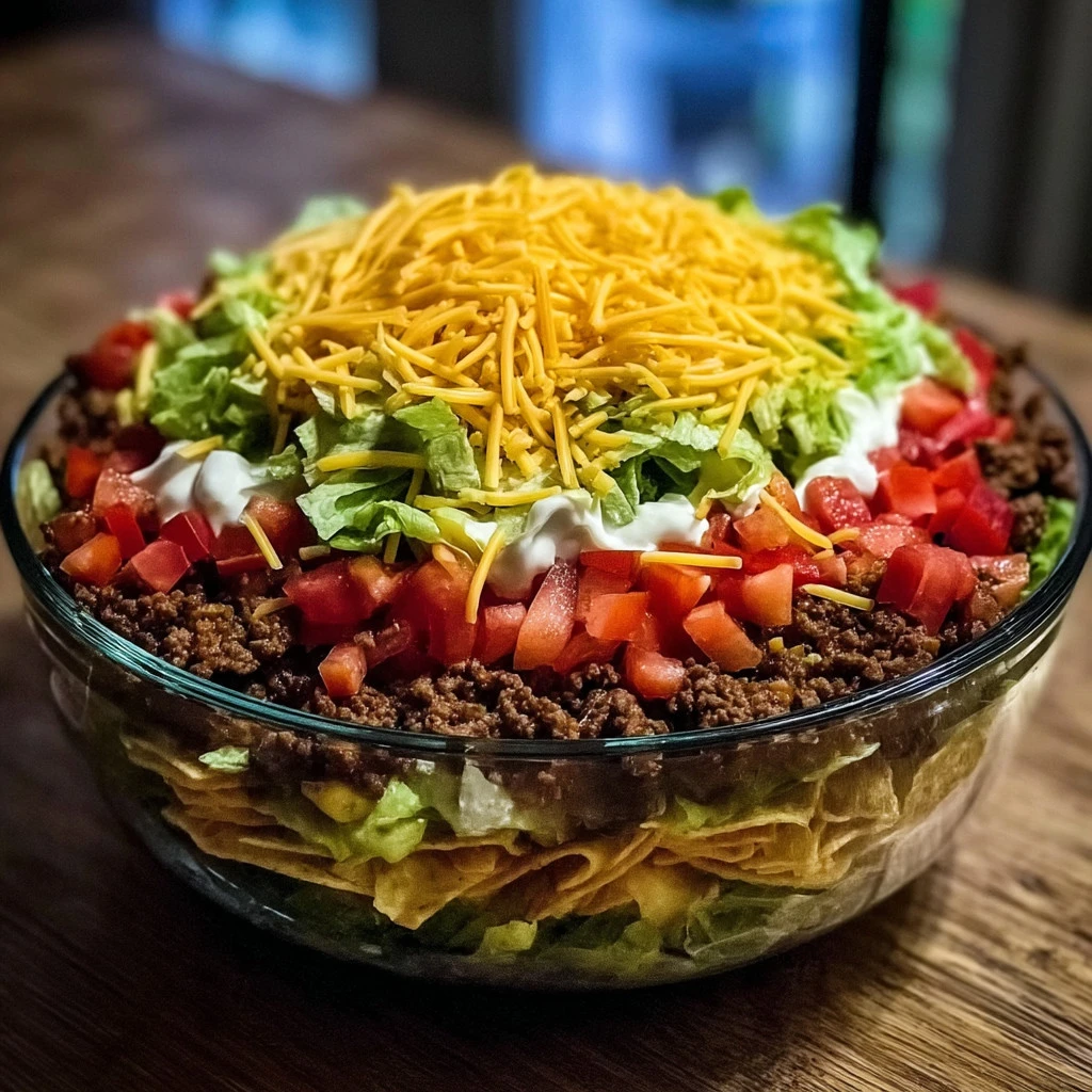 Colorful seven layer taco salad with fresh ingredients and toppings