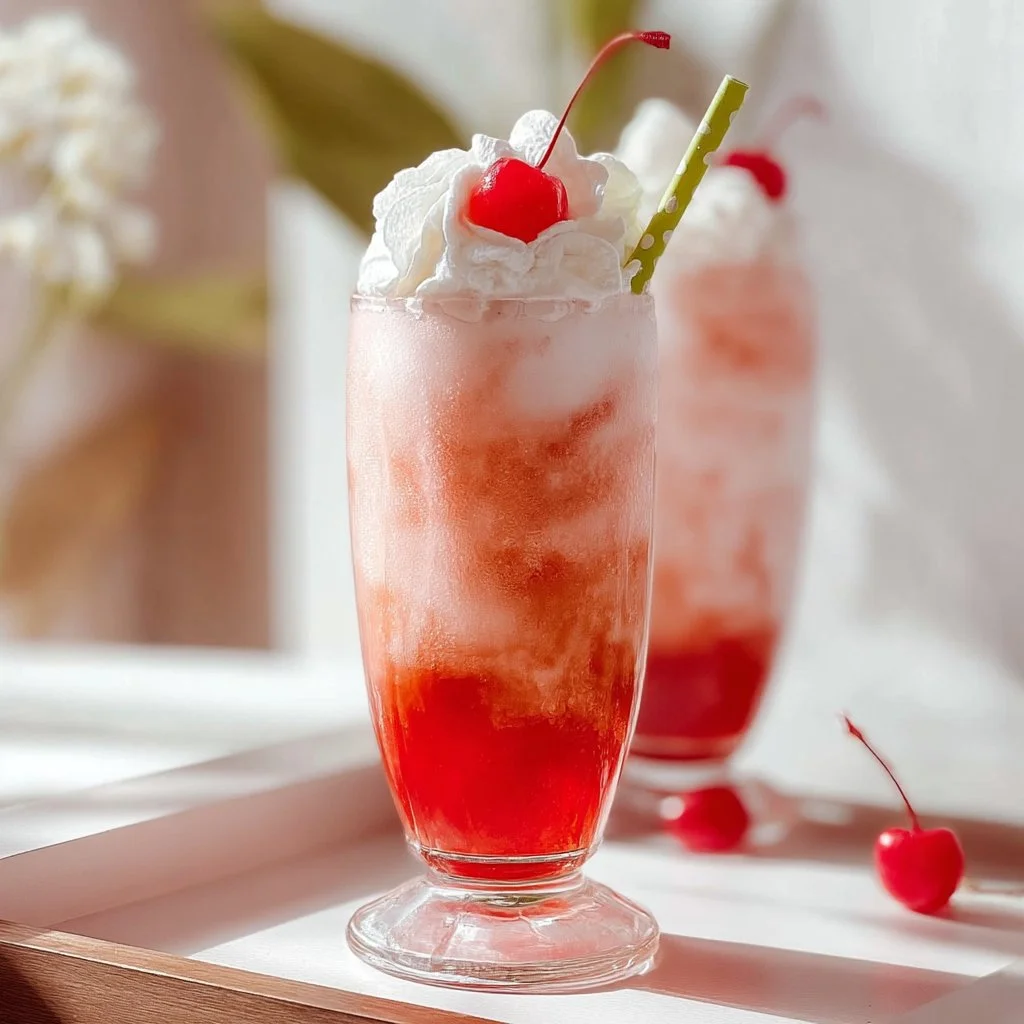 Delicious Shirley Temple ice cream float with cherry and soda