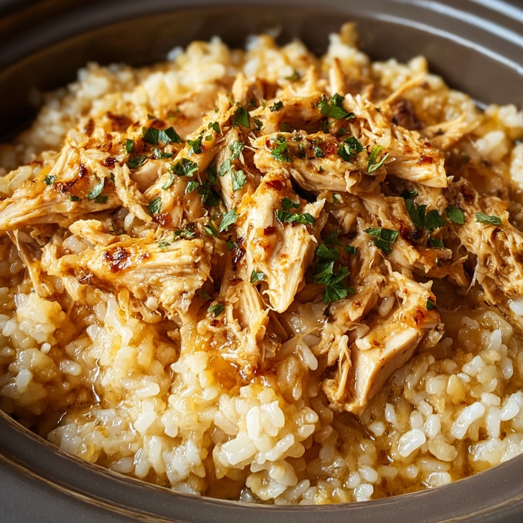 Bowl of Slow Cooker Crack Chicken and Rice topped with herbs and spices
