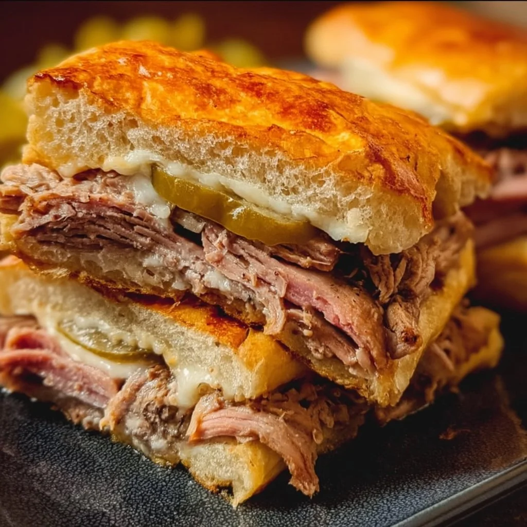 Delicious Slow Cooker Cuban Sandwiches with pork, ham, and cheese