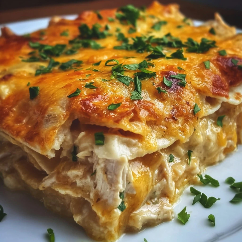 Sour Cream Chicken Enchilada Casserole topped with cheese and fresh herbs