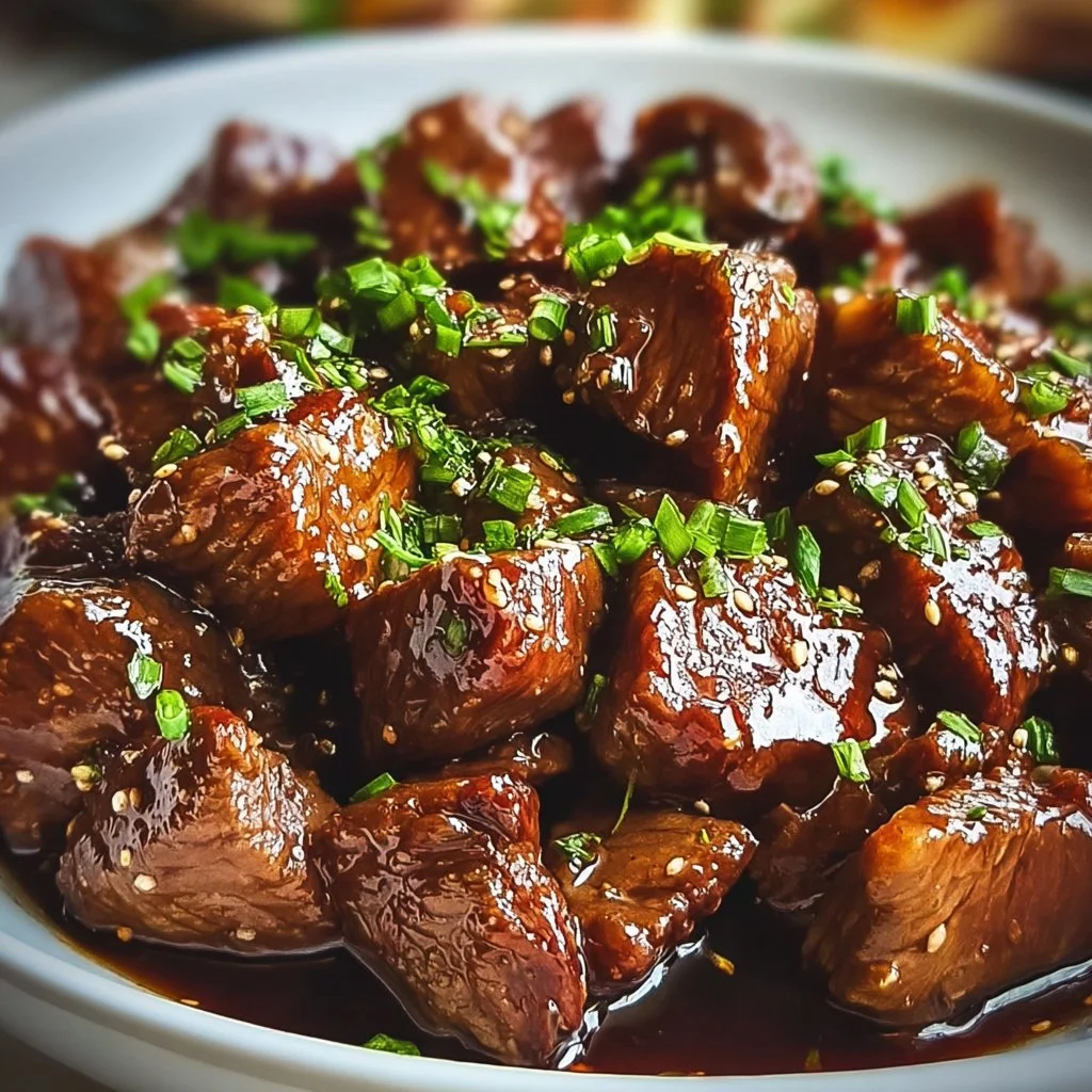 Tender honey garlic steak bites cooked in a slow cooker.