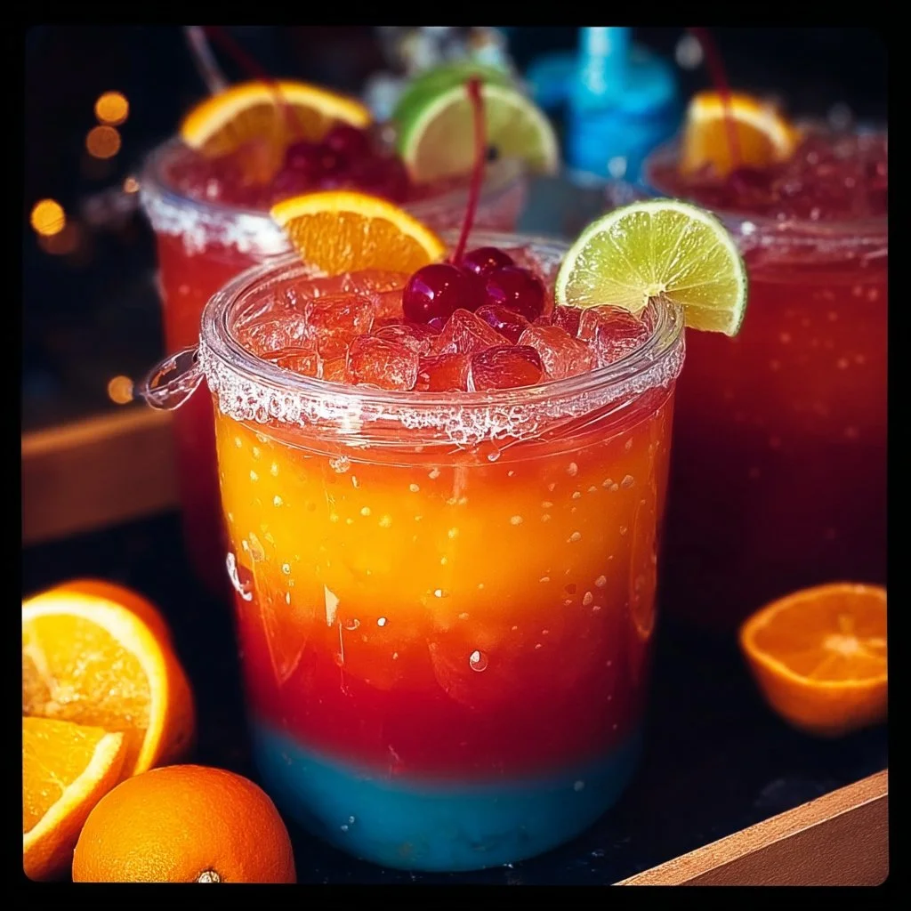 A vibrant Tropical Party Punch served in a large bowl with colorful fruit garnishes.