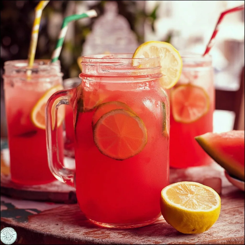 A refreshing glass of watermelon lemonade with ice and mint leaves