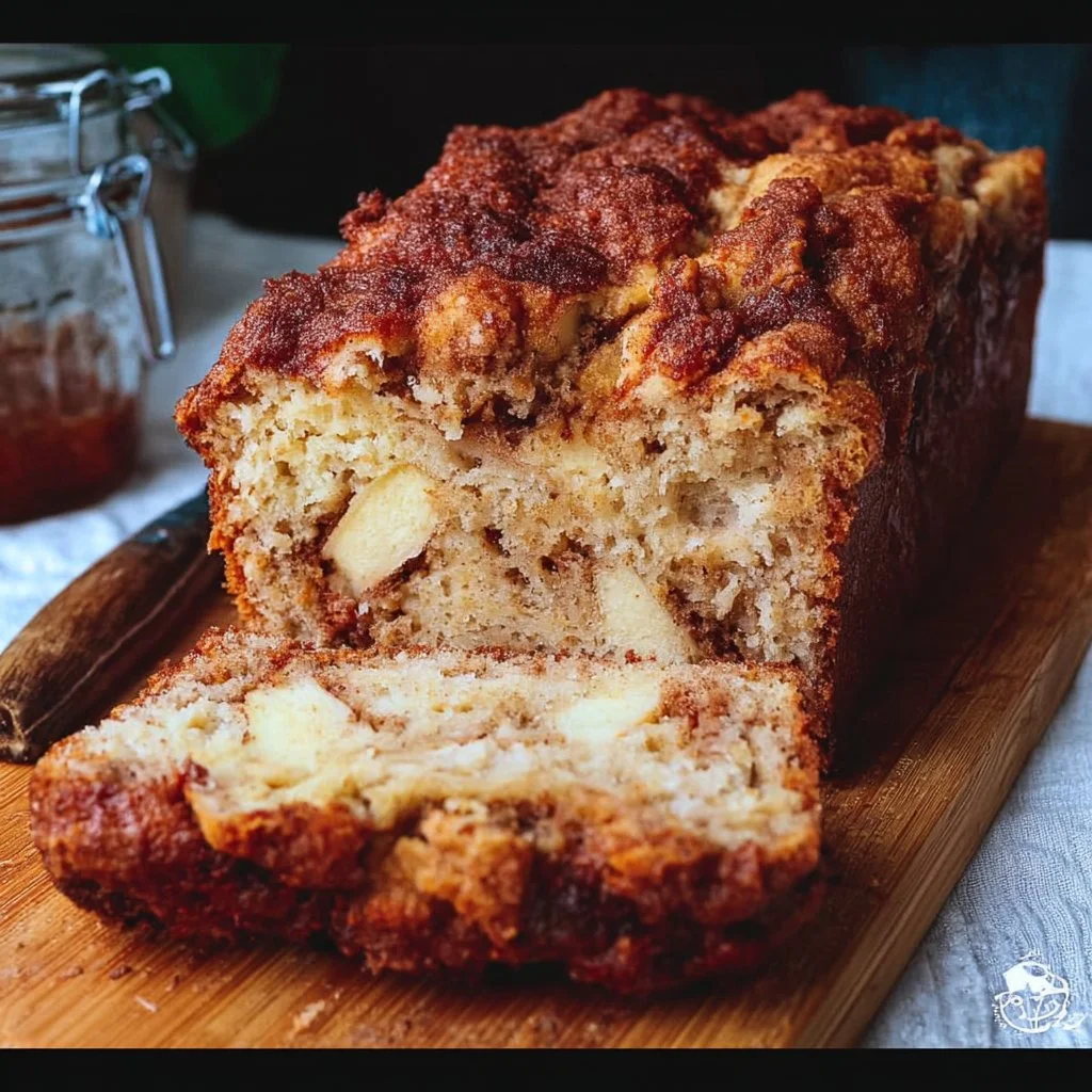 Loaf of freshly baked apple bread with slices cut, showcasing apples and spices.