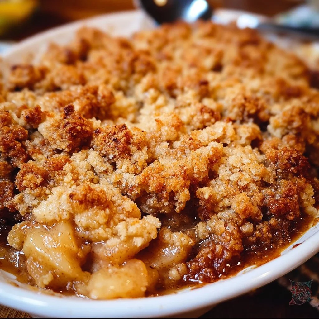 Delicious homemade apple crumble with golden crispy topping and warm apple filling