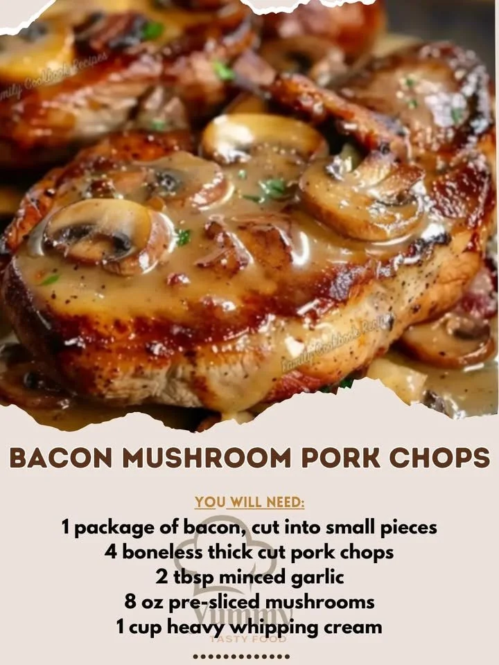 Bacon mushroom pork chops served on a plate with fresh herbs