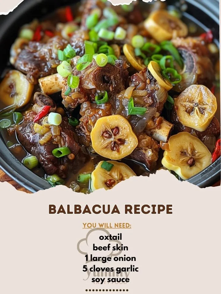 A bowl of Balbacua, traditional slow-cooked beef dish, garnished with herbs.