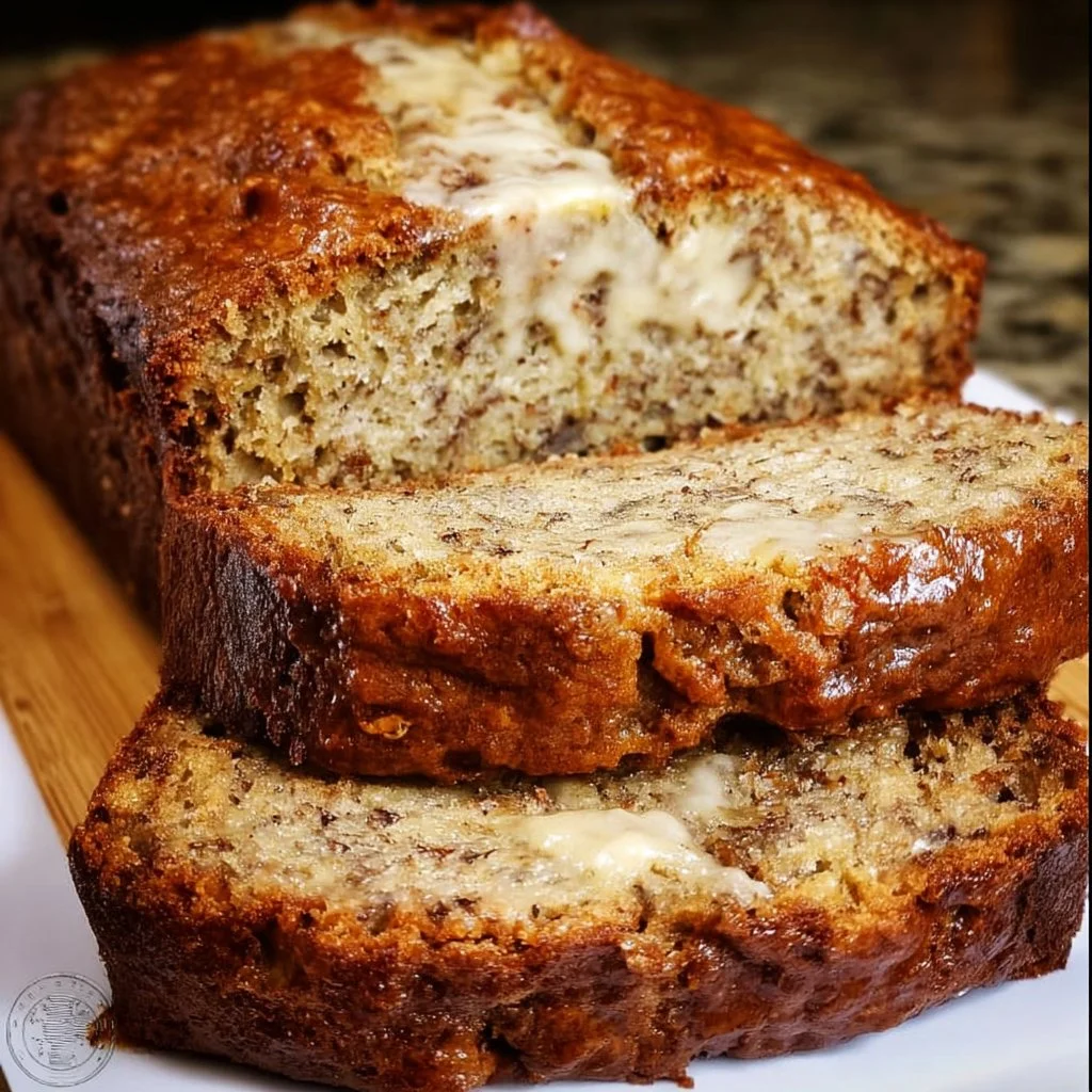 Delicious homemade banana bread loaf on a wooden table