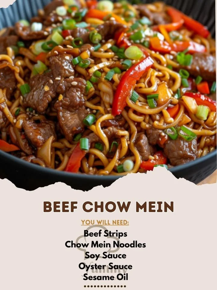 Plate of delicious Beef Chow Mein with vegetables and noodles