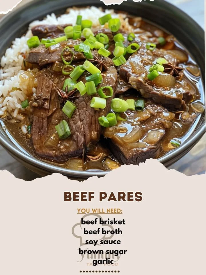 Delicious bowl of Beef Pares with tender beef, served with rice and herbs.