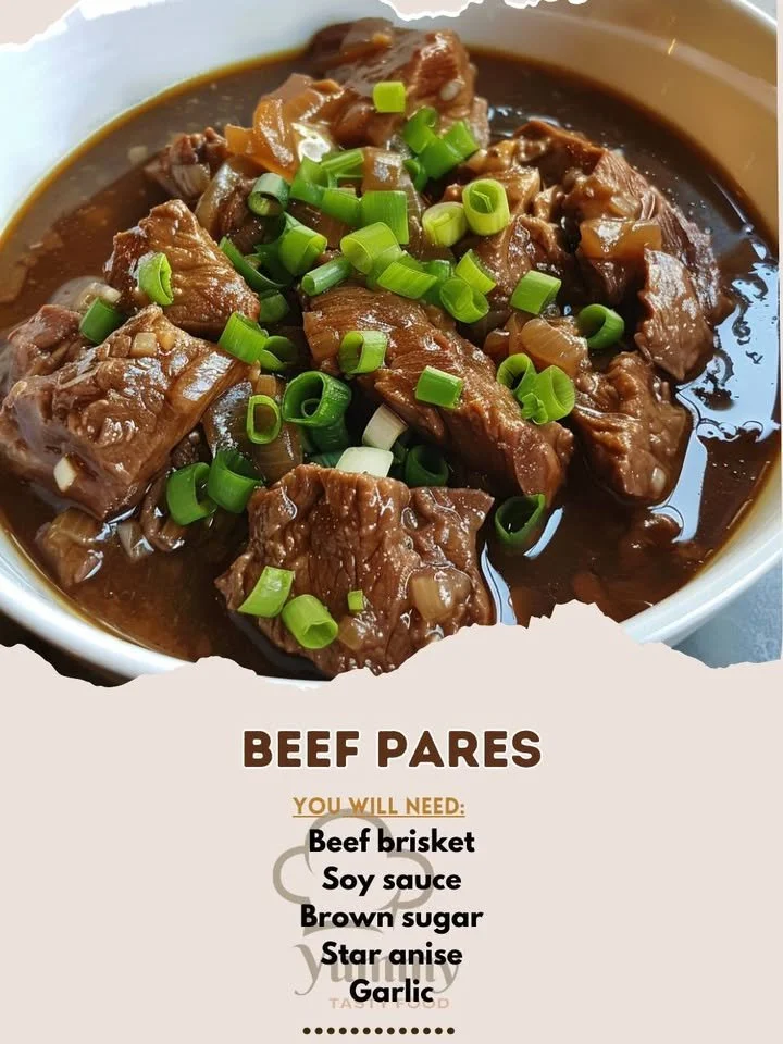 Delicious bowl of Beef Pares with tender beef slices and aromatic broth