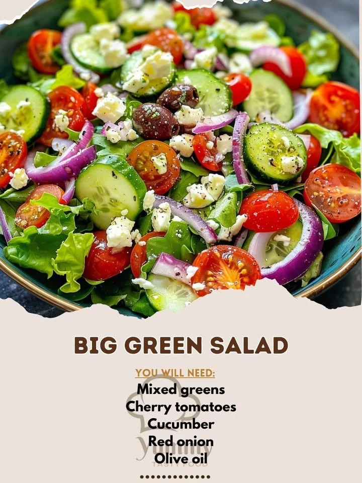 Colorful big green salad with fresh vegetables and dressing