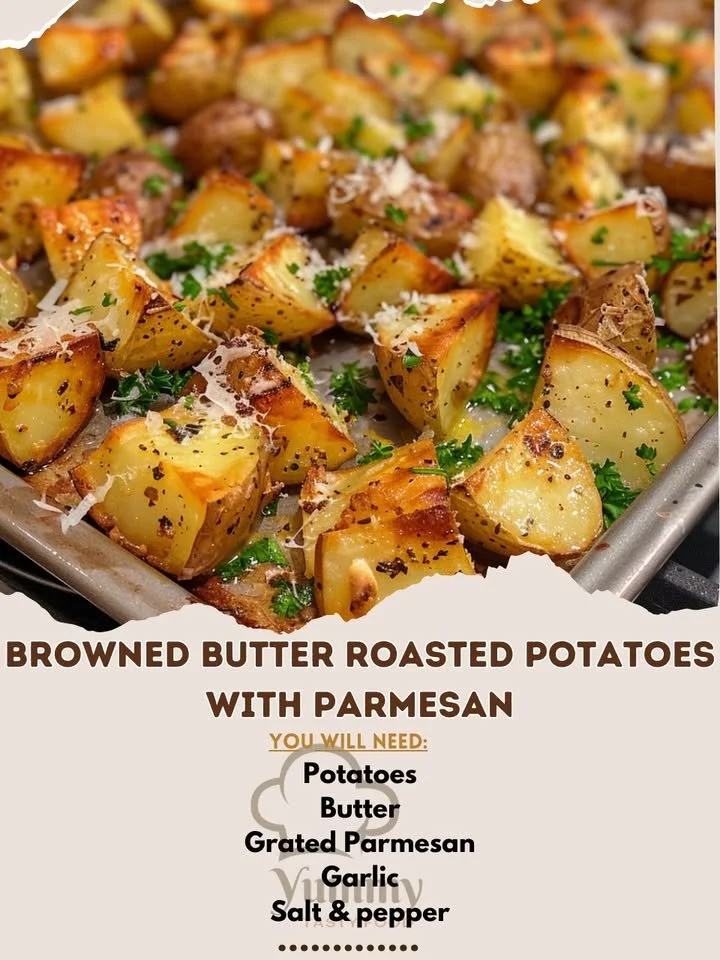 Bowl of browned butter roasted potatoes topped with Parmesan cheese.