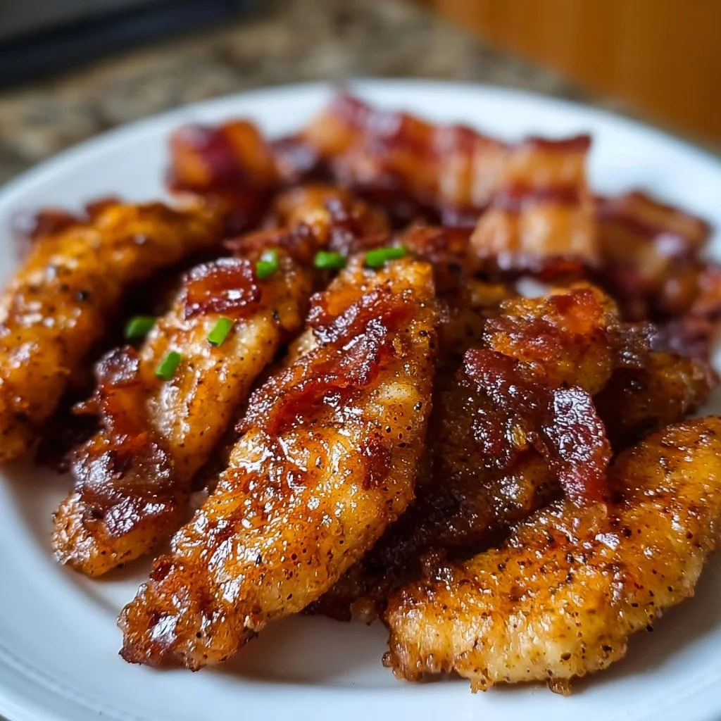 Caramelized bacon and brown sugar chicken tenders on a plate