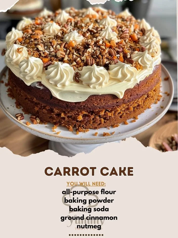Delicious homemade carrot cake topped with cream cheese frosting and walnuts