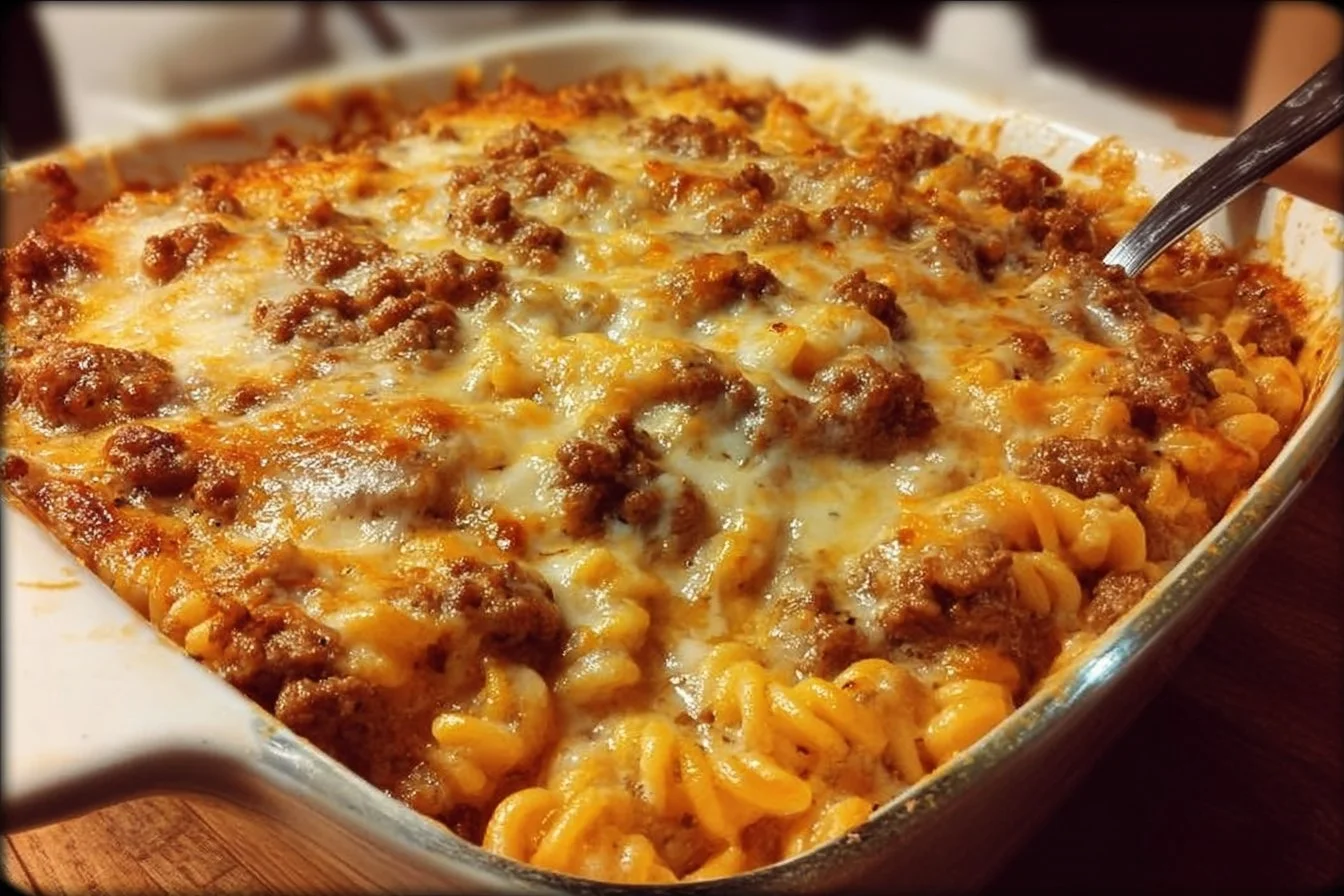 Cheesy Hamburger Casserole Bake topped with melted cheese