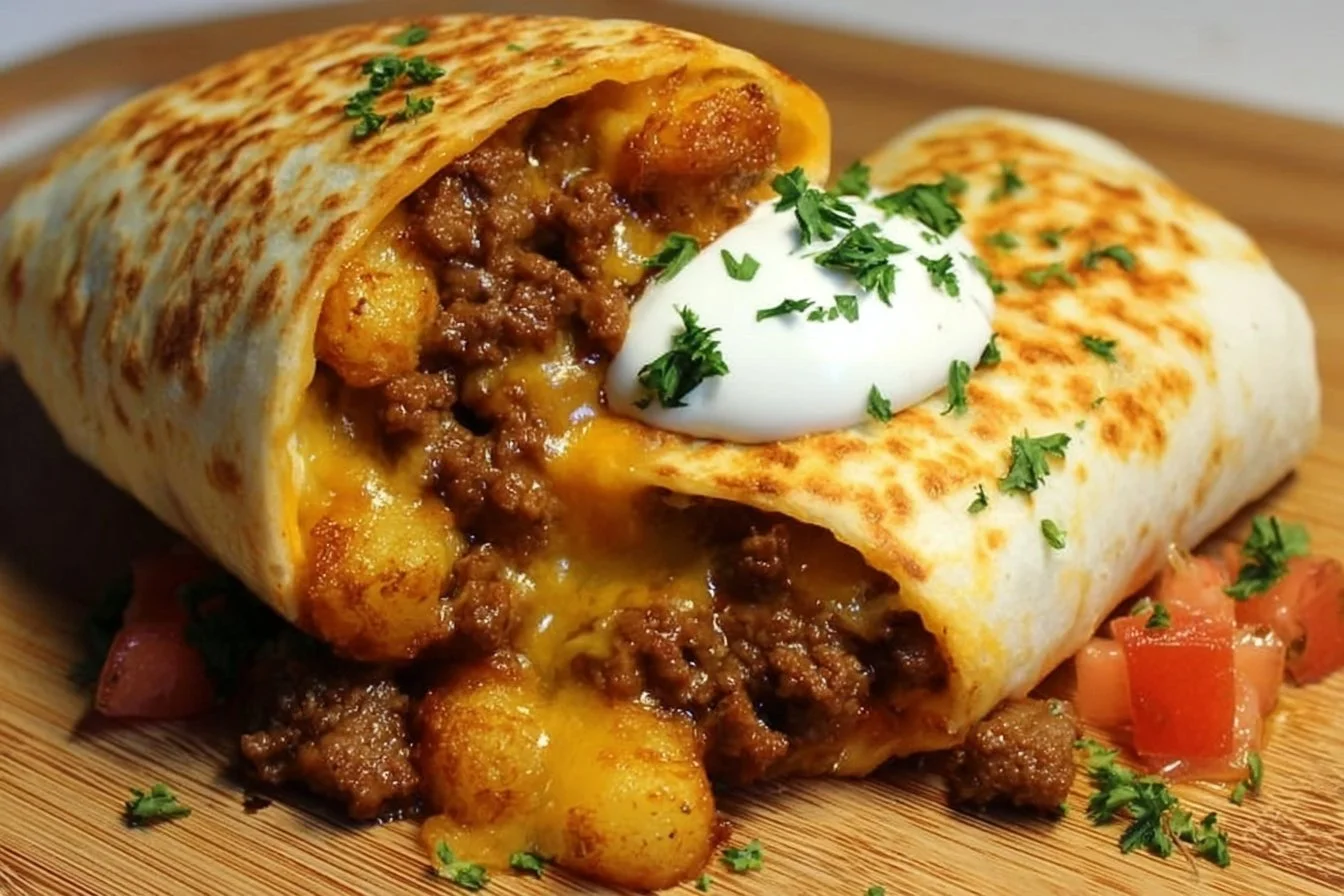 Cheesy potato burritos filled with beef and topped with fresh ingredients